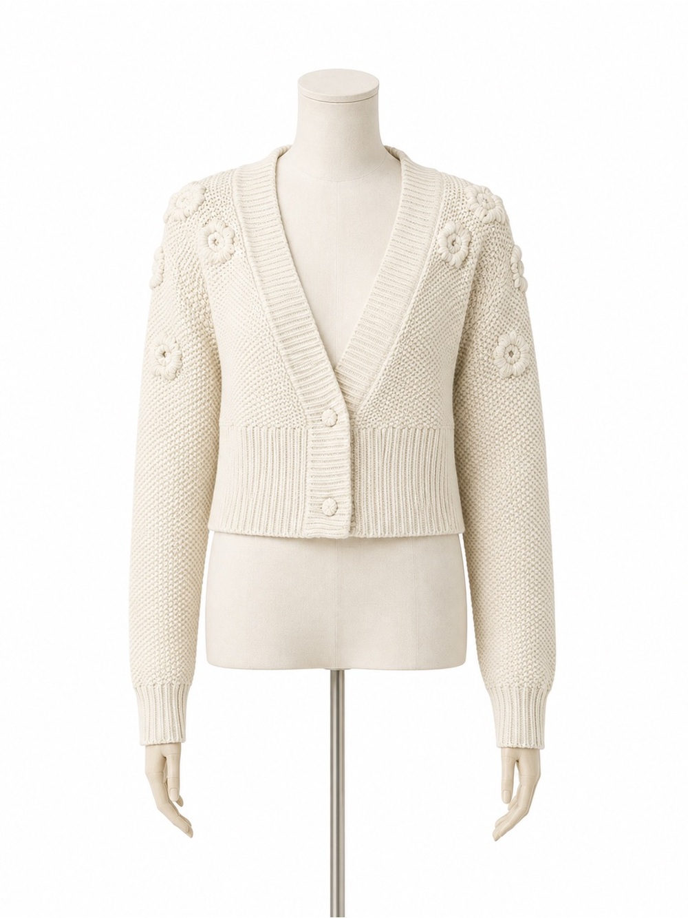 7 for all mankind Cropped Cream Knit Cardigan Sweater with Floral Appliqué